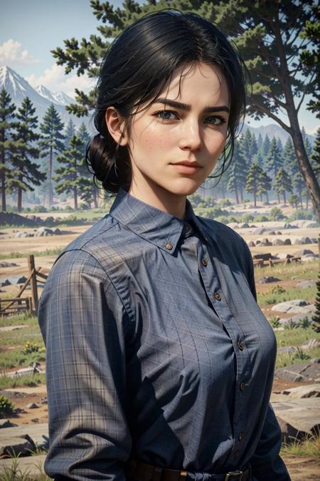 AbigailRDR, shirt, black hair, 1girl, realistic, looking at viewer, outdoors, solo, blue shirt, upper body, long sleeves, closed mouth, plaid, day, buttons, tree, blurry
<lora:epi_noiseoffset2:1>,  <lora:AbigailRDR:0.7>