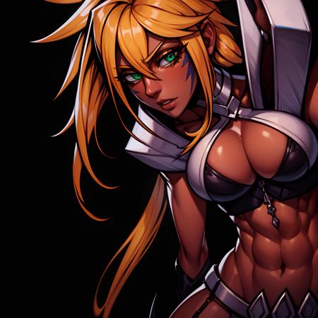 tier_harribel green eyes, blonde hair, long hair, spiked hair, dark skin, dark-skinned female, mask, armor, arrancar, tattoo, cleavage, midriff, abs