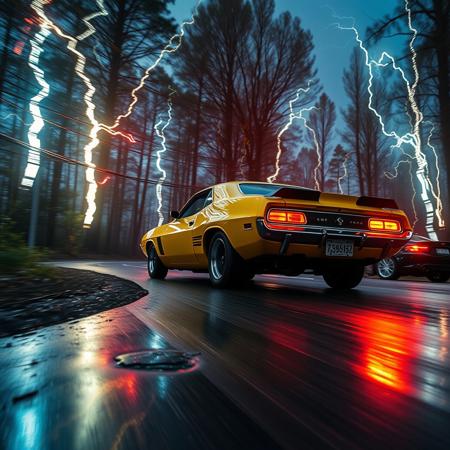 A cinematic close view shot of the one oldschool muscle car speeding down a forest road at night, reflecting the bright, rare colorful lights from surrounding electrical supernatural anomalies, with rain-slicked damaged and curvy roads creating a mirror effect of the car’s sleek yelow body. The night in the background enhances the vibe of this intense country drive scene. Only one car.