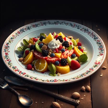 A plate of fruit salad, colorful,
yang08k, photography, beautiful,  black background,
masterpieces, top quality, best quality, official art, beautiful and aesthetic,  realistic,
 <lora:yang08k:0.7>