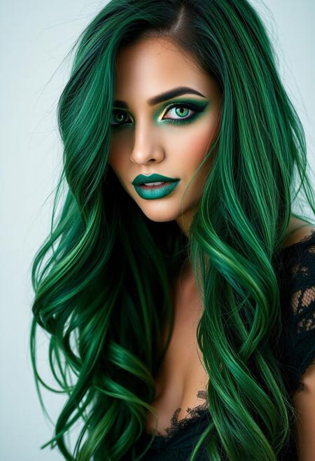 A captivating woman, exudes an aura of both allure and seduction. Her piercing green eyes, accentuated by smoky emerald eyeshadow, hold a mesmerizing gaze, capable of both captivating and consuming. Her lips, painted a deep forest green, curve into a seductive smile, hinting at the power she wields. Her hair, a vibrant shade of green, cascades in long, flowing waves, reminiscent of a cascading waterfall. The hair, expertly styled by a professional hairstylist, is tousled and textured, creating a sense of movement and dynamism. A single lock of hair, framing her face, falls provocatively over her shoulder.
Her makeup, applied by a skilled makeup artist, is flawless, with a focus on highlighting her striking features. A touch of gold eyeliner adds a touch of luxury and echoes the metallic accents in her outfit. A subtle hint of highlighter illuminates her cheekbones, adding a touch of ethereal beauty.
Dressed in a custom-designed gown by a renowned fashion designer, she commands attention. The sleek, black garment, adorned with intricate gold detailing, is both modern and timeless. The dress, tailored to perfection, accentuates her figure, hugging her curves in all the right places. 
The image should be captured by a professional photographer, with meticulous attention to lighting and composition. The lighting should be dramatic, casting long shadows and highlighting her features. The overall mood of the image should be seductive, with a touch of mystery.