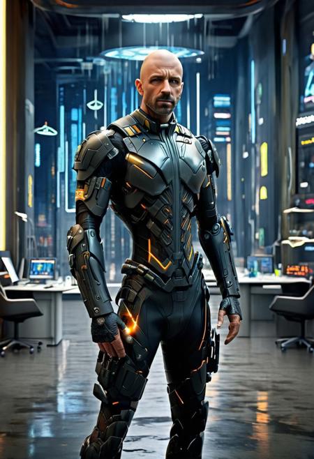 1man, city major, a powerful confident  sophisticated cyborg executive, age-45, very short hair, goatee, male, cowboy shot, imposing, full of authority,   in a stiff futuristic formal rubber  bodysuit, a tie, suit, fancy epaulets, in a cyberpunk city skyscraper science fiction room office, futuristic image
(realistic photograph, 8k resolution, tilt-shift lens:0.9)