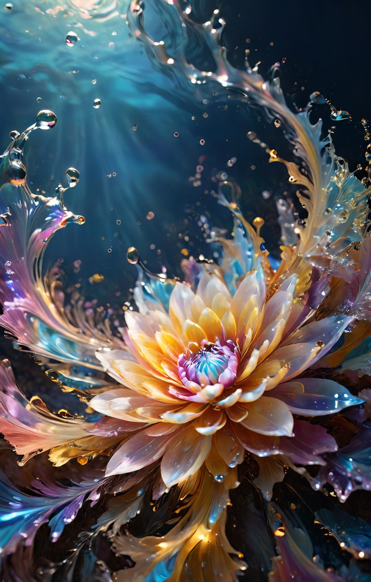 Artistic Painting of a Water Lily with Droplets of Water and Yellow and Purple Colors