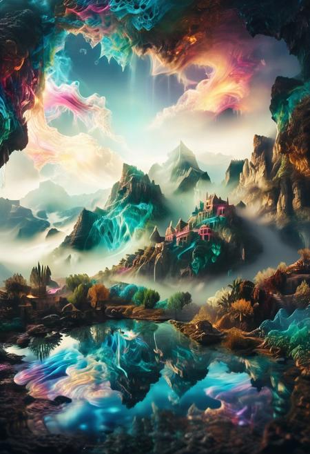 (by Ellen Jewett:1.5), (Bioluminescent Impressionism, Egyptian landscape, The Dreamland,, their peaks veiled in mist. mixed media, surrealism, great lighting, A surreal landscape highly detailed . extremely high-resolution details,  appears trapped in an optical illusion of reflections and refractions colorful , mountains and village in Turkey, professional photography, natural lighting, volumetric lighting maximalist. intricately detailed, complex, elegant, expansive, fantastical, waterfall, ethereal landscapes, depth of field, biotech emotion:1.3) <lora:xl_more_art-full_v1:0.5> <lora:add-detail-xl:1> <lora:RMSDXL_Creative:2>. GhostlyStyle
