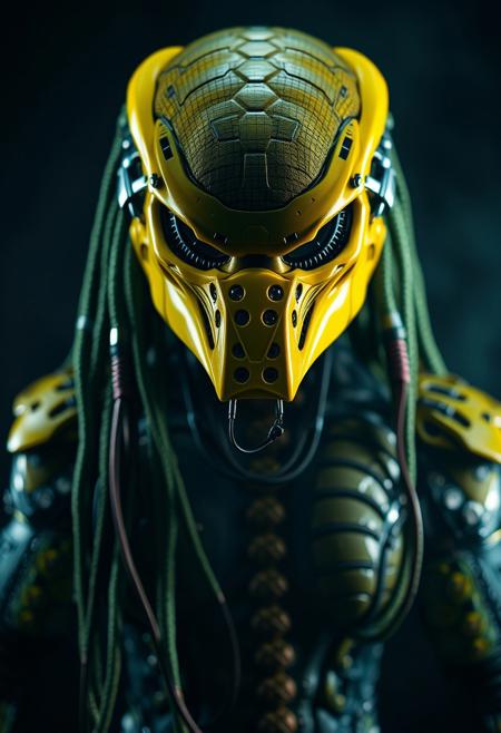 professional front photo of a yellow robot snake female predator from the movie "predator", predator movie mask, long green hair gathered in dreadlocks, black ratio, photorealistic, abstract dark background in cyberpunk style, amazing quality, best resolution, cybernetic augmentations, probes, cables, isometric view, depth of field, voluminetric lighting, ultra high definition, backlit, marbling, ultra sharp focus, extremely detailed, ultra high definition