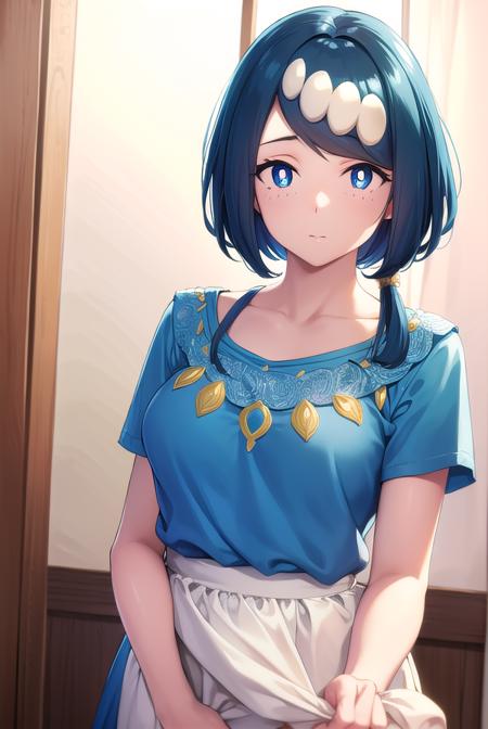 pokemonmotherlana, <lora:pokemonmotherlana-lora-nochekaiser:1>,
pokemonmotherlana, blue eyes, blue hair, freckles, hair ornament, long hair, swept bangs, (bright pupils:1.5),
BREAK blouse, blue skirt, bracelet, collarbone, dress, jewelry, long skirt, shirt, short sleeves, skirt, white shirt,
BREAK looking at viewer, full body, (cowboy shot:1.5),
BREAK indoors,
BREAK <lyco:GoodHands-beta2:1>, (masterpiece:1.2), best quality, high resolution, unity 8k wallpaper, (illustration:0.8), (beautiful detailed eyes:1.6), extremely detailed face, perfect lighting, extremely detailed CG, (perfect hands, perfect anatomy),