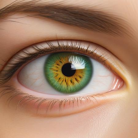 Create a detailed image of a teenager's eye, a striking green with hints of gold, reflecting their adventurous spirit. The reflection could capture elements of adventure and exploration, like a distant mountain range, a skateboard, or a map. The surrounding area should showcase the vibrant energy of youth, with lively eyelashes and the fresh, unmarked skin around the eye.