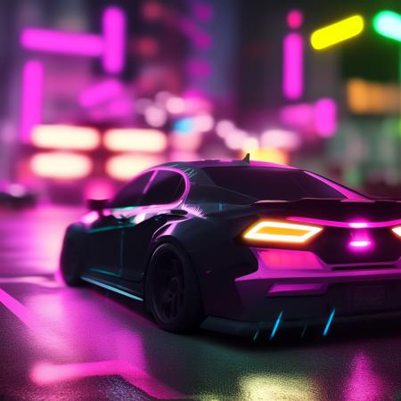 a photo of a car parked on a city street at night with neon lights on it's side and a neon street light behind it, art by carstestv3