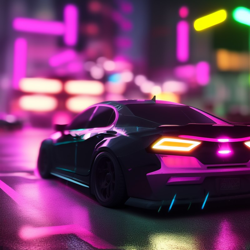 a photo of a car parked on a city street at night with neon lights on it's side and a neon street light behind it, art by ...