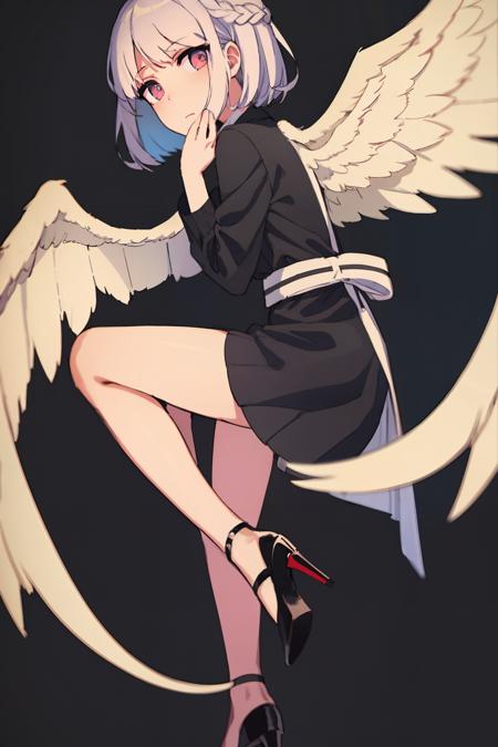 masterpiece, best quality, <lora:style02:1>, 1girl, solo, wings, red eyes, braid, black background, long sleeves, dress, black footwear, single wing, simple background, high heels, short hair, looking at viewer, french braid, bangs, grey hair, full body, looking back, covering mouth, jacket, feathered wings, white hair, white wings, purple dress, shoes, shirt, grey wings, from behind, black dress, skirt, black skirt, one-hour drawing challenge, hand up