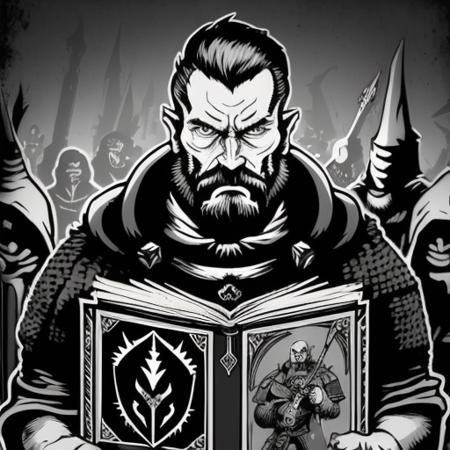 a man standing in front of a crowd of close up people, a character portrait, inspired by Tadeusz Brzozowski, antipodeans, from software game, he is holding a large book, black and white artwork, roguelike style, patch logo, cutscene, artyom turskyi, merchant collector, withLora withLora(brante_stye2,0.75)