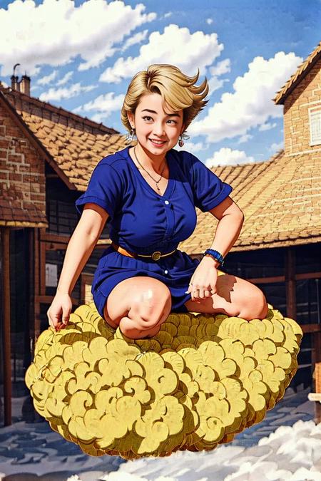 <lora:FlyingNimbus_V1a:0.9>, a girl is riding cloud, flyingnimbus , best quality,  masterpiece, (blonde hair, short hair):1.5, earrings, beautiful face, extra detailed face, photo realistic, magic school, outdoor, zoom