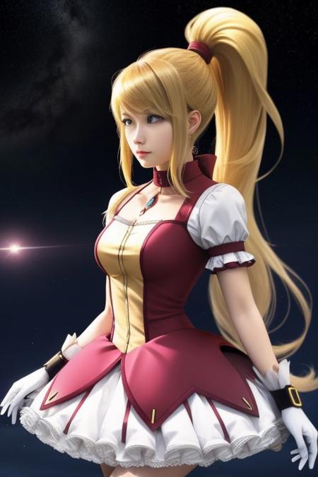 (samus aran) dressed in (puffy kanamemadokaoutfit), (ponytail, hair tie), magical girl, masterpiece, best quality, (perfect face, beautiful face, symmetric face)