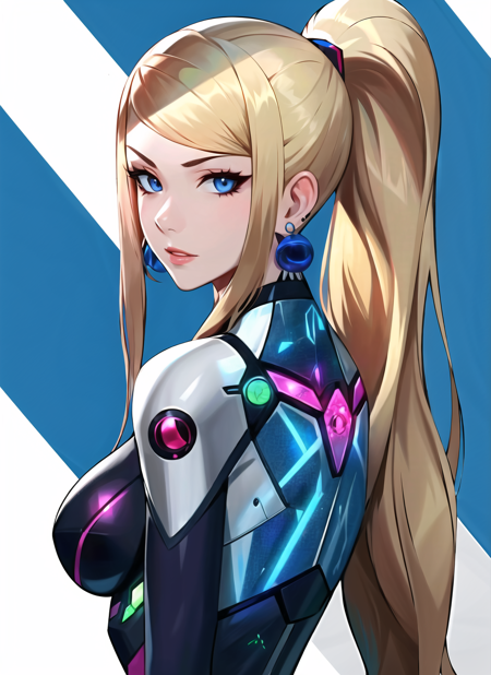 zeronis,  1girl, absurdres, artist name, blonde hair, blue eyes, bodysuit, breasts, earrings, hair ornament, high ponytail, highres, jewelry, lips, long hair, looking at viewer, looking back, metroid, nintendo, nose, ponytail, samus aran, sidelocks, solo, swept bangs, upper body, ((masterpiece))  <lora:zeronis_offset:1>