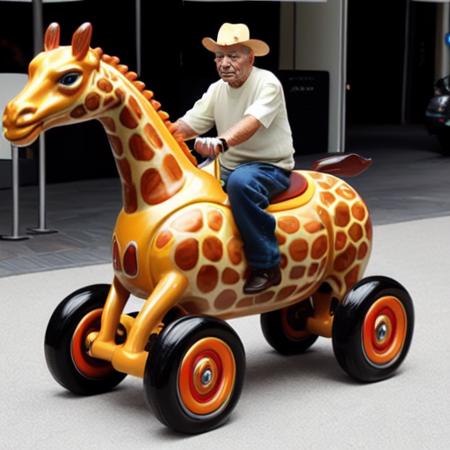 <lora:pandacar_v1:0.5>, (old man:1.1), sit astride, attraction, ground vehicle, handle, realistic, wheel, car, giraffe_car