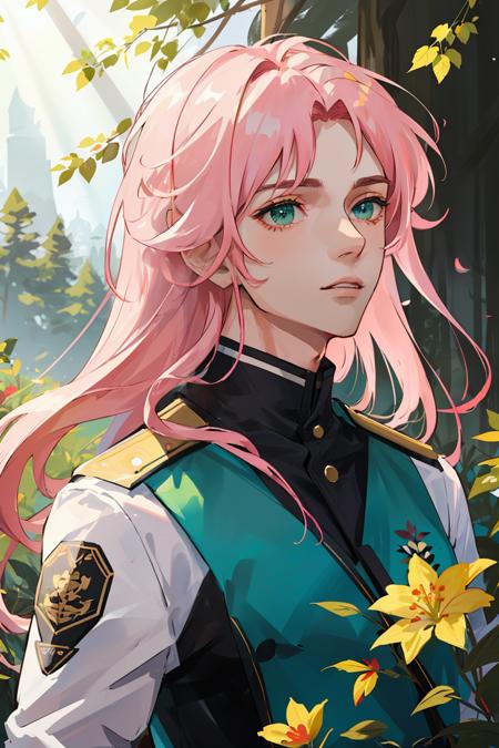 ((masterpiece:1.2, best quality)), 1man, adult, mature, (handsome:1.4), long pink hair, green eyes, uniform, Forest, flowers blooming, glowing, Sunlight, best light and shadow, Scenery, extremely detailed face, upper body, (muscle:1.4, broad shoulders:1.4)