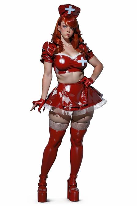 l4t3xr3dnurs3, red latex miniskirt,white thighhighs,crop top,cross,nurse cap, latex,platform heels<lora:l4t3xr3dnurs3:0.66> <lora:detail_slider_v4:1>  <lora:FreckledV:0.7> Fr3ckles, freckles, long hair, ginger hair, white background, grey eyes, simple background, 1girl, standing