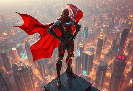 A dynamic concept art masterpiece of a formidable cyborg superhero poised majestically on a precarious rooftop ledge, overlooking a sprawling futuristic metropolis. The cyborg's vibrant red and black superhero costume, intricately designed with a sleek black belt and a majestic red and black cape frozen mid-flow, radiates power and purpose. Their hands are firmly on their hips, projecting an aura of resolute determination and readiness for action. The attractive background reveals a multi-layered city skyline, illuminated by neon glows and holographic projections, creating a stunning visual contrast. This CGSociety and Artstation trending image is a beautiful matte painting with sharp lines and distinct brush strokes, employing stunning, harmonious multi-colored hues. Rendered with the contemporary aesthetics of Unreal Engine 5 and Houdini style, it exhibits a 3D sculpted structure, intricate and ornate details, isometric perspective, and a dynamic action pose. The composition is impeccable, with a creative angle that captures the essence of a powerful message and vivid emotions, all handcrafted with precision.