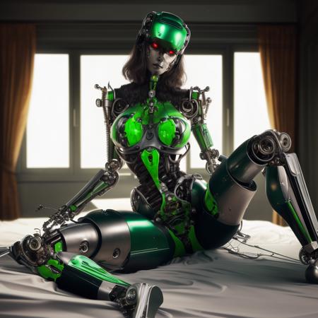 a (mechcd, shiny:1.2, green theme, joints, robot joints, glowing, glowing eyes) fembot, cyborg, humanoid fembot, (solo:1.2), sexy pose, (gauntlets, metal bikini, torc), (metal-hair, wire-hair:1.3), sitting, large breasts, <lora:mechcd-000007:1.0>, no humans, high quality, masterpiece, realistic, photorealistic, (science fiction, looking at viewer, in bedroom, on bed),