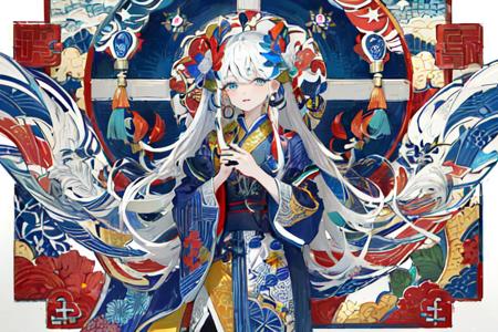 (masterpiece), (high detail),(ultra-detailed), featuring flowers and circles, blue background, multiple scattered and arranged flowers, blue and red and yellow and green color scheme, traditional chinese pattern, with square symmetrical composition,(1girl,white hair), <lora:conewloha03_old3:0.8:XYZ>