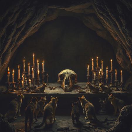 a dark cave, inside is a prehistoric altar for cat worship. Many woven burning candles of crude form stand on the altar. A fossilized huge skull of a cat stands in the center of the altar. Around the altar walk cats, cats walk through the fossil. Cats pray and bow before the altar