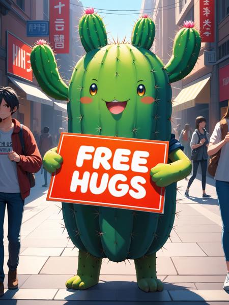 a cactus character holding a sign that says free hugs, standing on a bustling pedestrian street