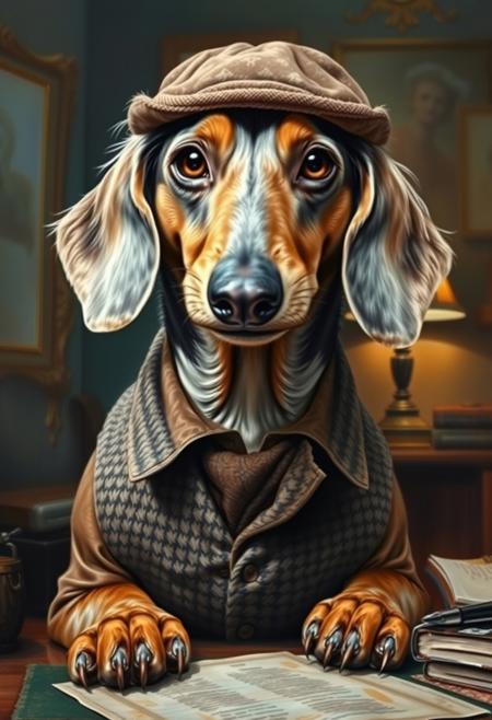 An elegantly aging anthropomorphic dachshund, exuding charm and wit despite the passage of time: silver fur with splashes of russet, a wise gleam in his soulful brown eyes, and a refined tweed vest that hints at a dapper past. This enchanting portrait captures the essence of the canine detective in a stunning oil painting, where every brushstroke highlights his character and sophistication. The attention to detail and richness of colors make this image truly mesmerizing, evoking a sense of nostalgia and warmth. Scene is of a detective solving a mystery in a noir-inspired office