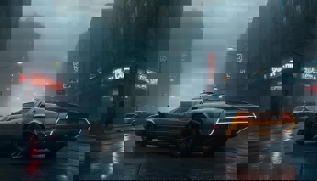 Blade Runner 2049 SleepCitycape. Relaxing Cyberpunk Art Poster. Dark light. Cinematic Art. Photorealistic. Street. Abandoned street. CityScape, Scenery. Dark and moody. 1car, Futuristic supecar. Prototype supercar. Super detailed car, (grey car carpaint). Futuristic design car. Gloomy neon lights. No humans. Sleeping city. (Cloudy day, fog:1.4). Dystopian apocalyptic atmosphere. Film grain.