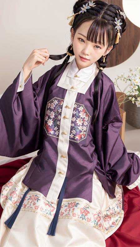 masterpiece, highres, best quality, 1girl, solo, black hair, sitting, looking at viewer, moon, hair ornament, blue eyes, smile, hair bun, full moon, tassel, parted lips, hand up, bangs, long hair, <lora:hanfuMing_v31:0.6>,(hanfu, ming style outfits,  purple short coat, white mamian skirt, square collar, overlapping collar)