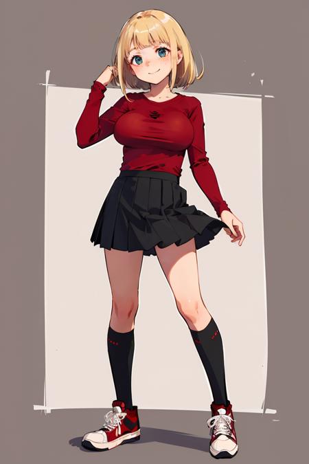 (best quality, masterpiece:1.2), detailed eye, intricate detail, depth of field, 1girl, happy, standing, full body,  (simple background:1.2), red shirt, skirt, kneehighs, sneakers, blonde, freckles, ( large breasts:1.2)  <lora:Squeezer:2>