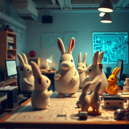 moomin, artistic, masterpiece, design space, office, electronics, circuit, eight moomins, very detailed, abstract objects, well organized space, warm lighting, vibrant colors, blueprint, discussion, design plans, technical drawings, positive vibe,