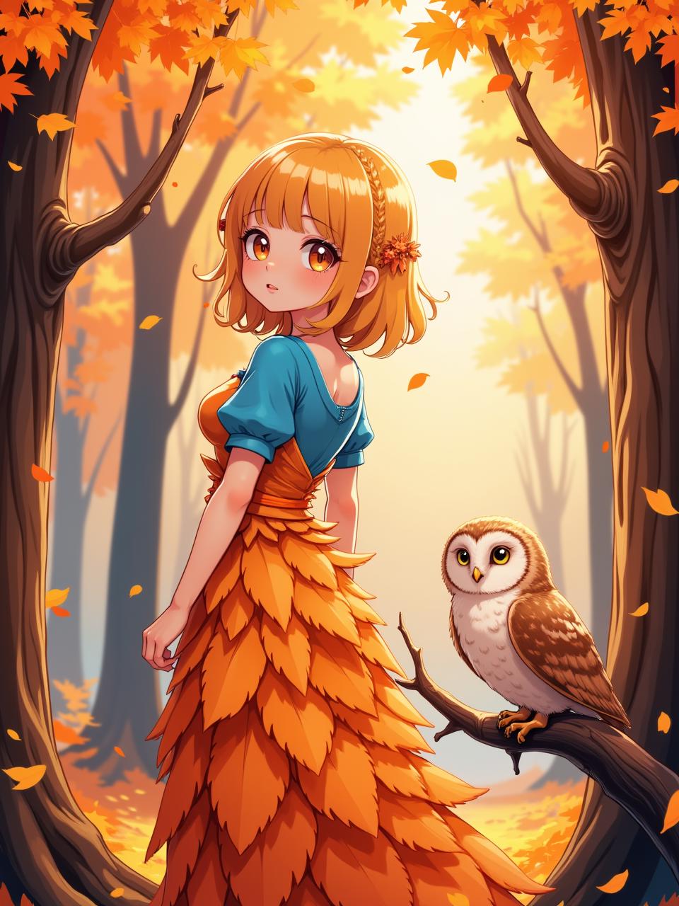 Close-up portpait. A whimsical autumn forest scene, showcasing a female figure dressed in a vibrant orange dress made of layered leaves, complemented by a bright blue top. An owl perches on a gnarled branch nearby, its feathers a rich mix of browns and whites. The background features tall trees with striking orange and gold foliage, illuminated by warm, soft sunlight filtering through the leaves, creating a dreamy, impressionistic atmosphere. The color palette includes warm oranges, deep browns, and hints of soft blues, evoking a sense of tranquility and magic in the heart of the autumn season. {chibi|} anime style <lora:cute1_flux:0.8> <lora:fca_style_32:0.4> <lora:Anime_detail_eye:0.7>