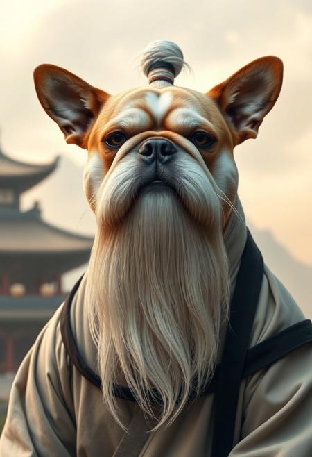A photorealistic portrait of a dog with a flat, squashed face, styled like a martial arts master. The dog has a long flowing white beard extending far below its chin, large bushy white eyebrows, and long sideways white whiskers. On top of its head is a traditional topknot bun, resembling Pai Mei from Kill Bill. The dog is wearing traditional East Asian monk robes in neutral tones, with a black sash. It stares directly into the camera with a calm, superior expression. The background is a misty mountain temple scene with warm natural lighting. Vertical 9:16 aspect ratio.