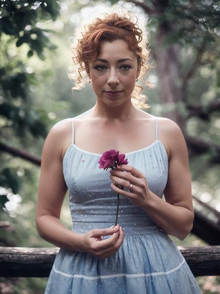 1girl, hazel_eyes, bare_arms, bare_shoulders, red_hair, blue_dress, blurry, blurry_background, blurry_foreground, closed_eyes, cosplay_photo, depth_of_field, dress, holding purple flower, lips, freckles, outdoors, photo_background, photorealistic, realistic, ring, sleeveless, sleeveless_dress, solo, blue dress with white polka dots, tree, medium shot photo of Alex Kingston, with dark curly red hair, morning, bright, atmospheric, mist, best quality masterpiece, photorealistic, detailed, 8k, HDR, shallow depth of field, broad light, high contrast, backlighting, bloom, light sparkles, chromatic aberration, sharp focus, high quality, Fujifilm XT3