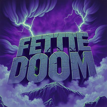 A retro-inspired stoner doom metal album cover where the main focus is the bold, distorted title 'FETTE DOOM' in massive, cracked, stone-like letters. The text appears as if carved from ancient rock, with chipped edges, deep cracks, and moss or grime subtly growing on the surfaces. The letters are uneven and heavy, towering like monolithic slabs under a dark, stormy sky. The entire scene is drenched in a purple and dirty green duotone color palette, evoking an eerie, psychedelic doom vibe. Faint lightning bolts and swirling fog wrap around the text, adding a sense of ominous energy. The background features subtle textures like faded, vintage poster wear and grain. The overall mood is raw, heavy, and hypnotic, with a strong 70s-80s doom/stoner metal aesthetic.