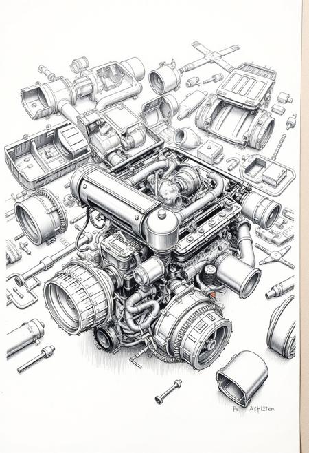a technical drawing of a dissembled car engine in the style of Peter Aschwanden, engine parts spread out in the background, car parts, multiple pieces, overwhelming