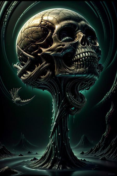 A close-up photorealistic image of a crystallic floating skull facing dynamic view with its mouth open, pouring from it's mouth a shimmering liquid resembling the universe onto the ground, filled with rich stars and swirling galaxies. A simple void background enhances the dark atmosphere, shrouded in fog, capturing the hypnotic flow and shimmer of the cosmic liquid,