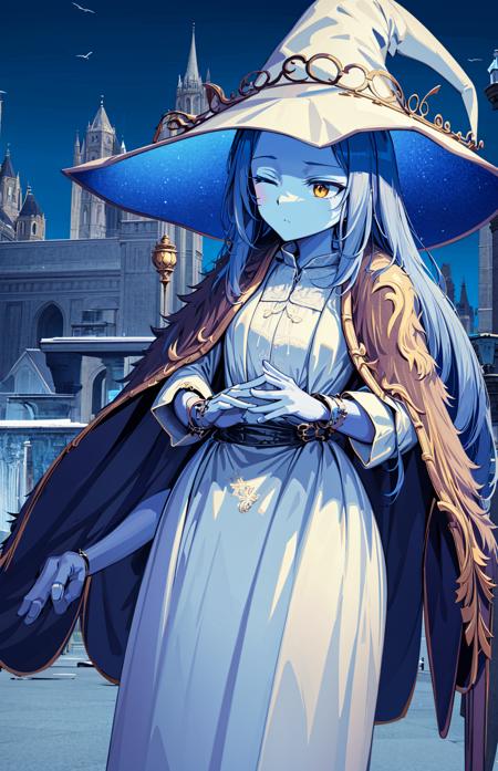 ranni the witch, one eye closed,  witch hat, dress, (extra arms:1.2), solo, ring, fur cloak, white dress, large hat, white headwear, blue lips <lora:ranni_v1-000008:0.8>masterpiece, best quality, ultra-detailed, city, street, gothic, steampunk, illustration, 1girl, (solo), platinum long hair, boots, from behind, vintage, antique, brass, metal, gears, machinery, ornate, elegant, classic, sophisticated, refined, poised, contemplative, thoughtful, curious, mysterious, enigmatic, magical, watchful, intelligent, bookish, contrast, perspective, depth, texture, detail, realism, impressionistic, expressionistic, abstract, surrealistic, innovative, experimental, unique, atmosphere, ambiance, mood, nostalgia, historical, cultural, technological, industrial, fantasy, imagination, creativity, artistry, craftsmanship, skill, precision, detail, composition, balance, harmony, rhythm, colorful, darker, reflection, refraction, foreground, middle ground, background, vanishing point, horizon line, focal point, naturalistic, figurative, representational,