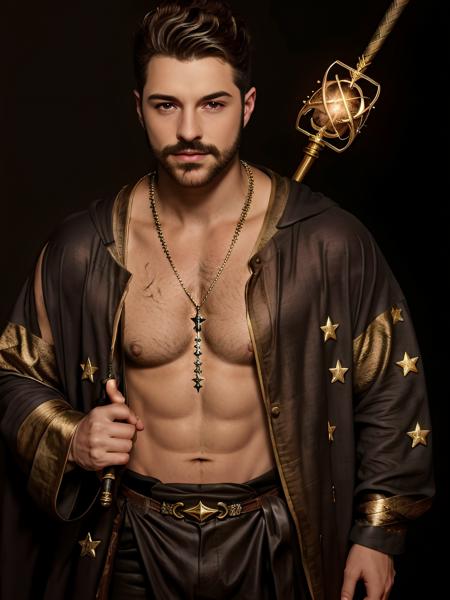 1boy, <lora:Alok Petrillo:0.85> realistic, mustache with a wavy, beard, black eyes, muscled , wearing a glittering star symbol necklace, using a staff, using magic, wand glow, wizard's robe, realistic, Invoking magic of the ancestors