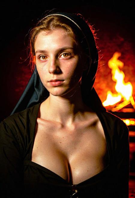 camera low, two young german nuns sinful kissing, next to her bed, shady old house, at night, (tight open button cowl), open buttons, ((cleavage)), sinner, (guilty expression) detailed skin face and eyes, 30 years old, fit, massive huge 34F breasts, big ass, looking into camera, only dim candle light, perfecteyes, shadows falling over her chest, Natural skin texture, alone, perfect hands, no makeup, (((mysterious source of light with fire effect))), Award - winning, waist up portrait photograph shot with Kodak Portra 800, a Hasselblad 500 , 55mm f/ 1.8 lens, extreme depth of field, available light, high contrast, Ultra HD, HDR, DTM, 8K