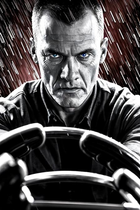 sin-city,portrait,1man driving a car,angry,hands on the wheel,rain,monochrome,red background,realistic,<lora:SinCity_v1.0:1.1>,