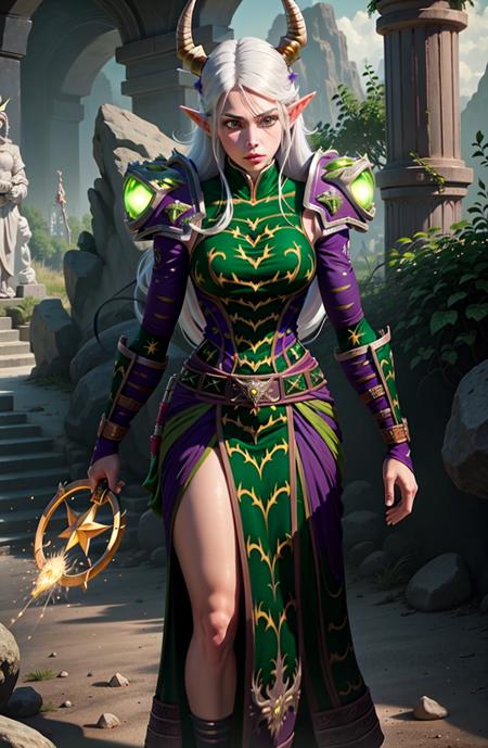 1girl, nemesis, green robes, runes, shoulder armor, gauntlets, belt, elf, pointy ears, white hair, long hair, horns,  <lora:Clothes - Nemesis:0.75> long skirt,
detailed background, dark ritual, summoning circle, magic, cave, dim lighting, glowing runes,