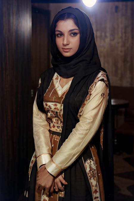 photo of shrm woman, HDRI, 25yo conservatively dressed woman wearing Brown Abaya Style Suit, anatomically accurate, looking at camera, cinematic lighting, simple background  <lora:shrm_Sharmila_Tagore_SD15_LoRA_prodigy_local_regs_updcaps:1>