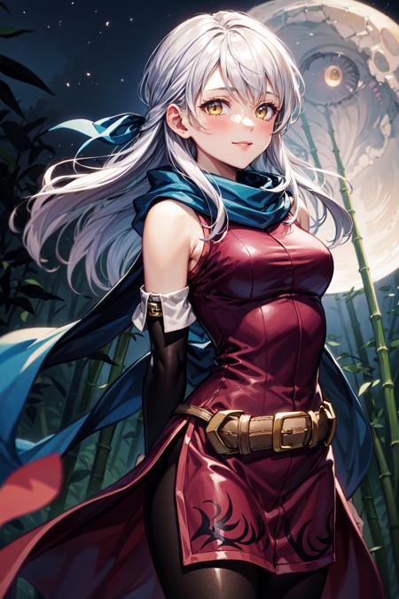 micaiah_(fire_emblem), 1girl, yellow eyes, solo, grey hair, half updo, ribbon, bare shoulders, dress, fingerless gloves,  sleeveless dress, scarf, braceletes, belt,  pantyhose <lora:micaiah-04:1>, arms behind back, smile, blush, forest, bamboo forest, moon,  night time, facing viewer,   <lora:add_detail:0.7>