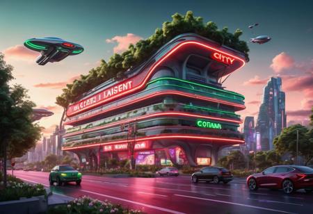 a futuristic city, building with luminous neon sign, huge screen with advertissement, very populate, road in sky , flying car, photorealistic, green and red tint, ecologic city with tree and flower, glowing lights, very detailled, very realistic, vegetation on roof and facade