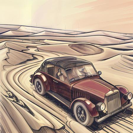 a cartoon of a man drives a car in the desert, intricate, high details