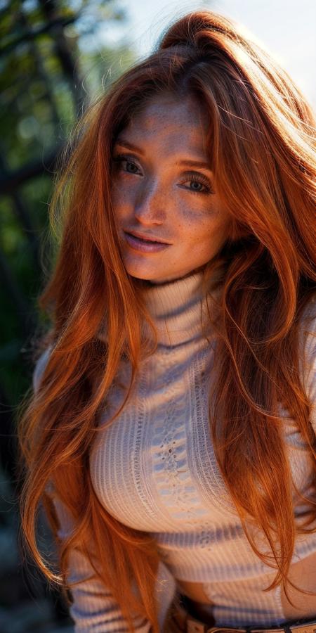 A stunning intricate full color closeup headshot of red_fox, (1girl:1.4), solo,
(full-body shot:1.2), posing, (upper body:1.6),
front view, centered,
detailed face, detailed body,
(fit body), (perfect antomy:1.3),
beautiful hair,
a woman, outdoors, in the (wilderness:1.2), modelshoot style,
 wearing a (turtleneck-jacket:1.2) and (pants), (sunset:1.1),
looking at the viewer,
(ginger hair), cute smile,
(natural light), 
((sharp face, detailed face, realistic face, naturtal skin, realistic skin, detailed skin, pores, detailed eyes,realistic eyes)),,
depth of field,
((cinematic light)), colorful, hyper detail,
masterpiece, photorealistic,detailed, intricate, highly detailed eyes, sharp focus on eyes,
<lora:red_fox:1>, <lora:add_detail:0.6>,<lora:more_details:0.5>,