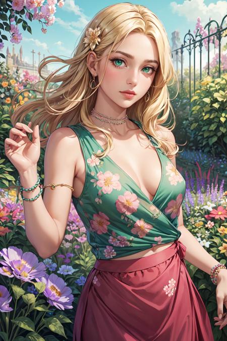 Cowboy Shot,beautiful and detailed illustration,pop art,masterpiece, best quality, ultra-detailed,soft lighting,<lyco:GoodHands-beta2:0.8>, <lora:add_detail:0.3> ,(1girl), (blonde hair, green eyes, flat_chest),, dynamic pose, dynamic angle, lipstick, slim, slim body, medium breasts, (Floral_wrap_top:1.5),(Midi_skirt:1.4),(Beaded_bracelets:1.3),(Garden_party_background:1.5), detailed background, realistic, solo, hair ornament, rolling_eyes, cross-eyed,stylish pose