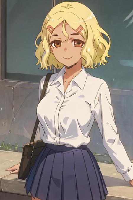 best quality, masterpiece, highres, solo, {sakura_donttoywithmemissnagatoro:1.15}, blonde_hair, hair_ornament, hairclip, short_hair, brown_eyes, smile, dark_skin, closed_mouth, 1girl, blue_skirt, pleated_skirt, school_uniform, shirt, skirt, white_shirt, collared_shirt, dark-skinned_female, long_sleeves, breasts, hair_between_eyes