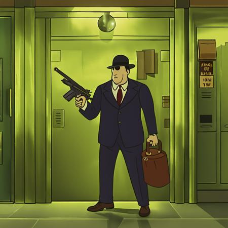 Cartooneffects Three, a 1930s gangster robbing a bank with a tommy gun